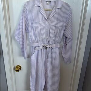 Striped Button-Up Dress with Belt - Vintage